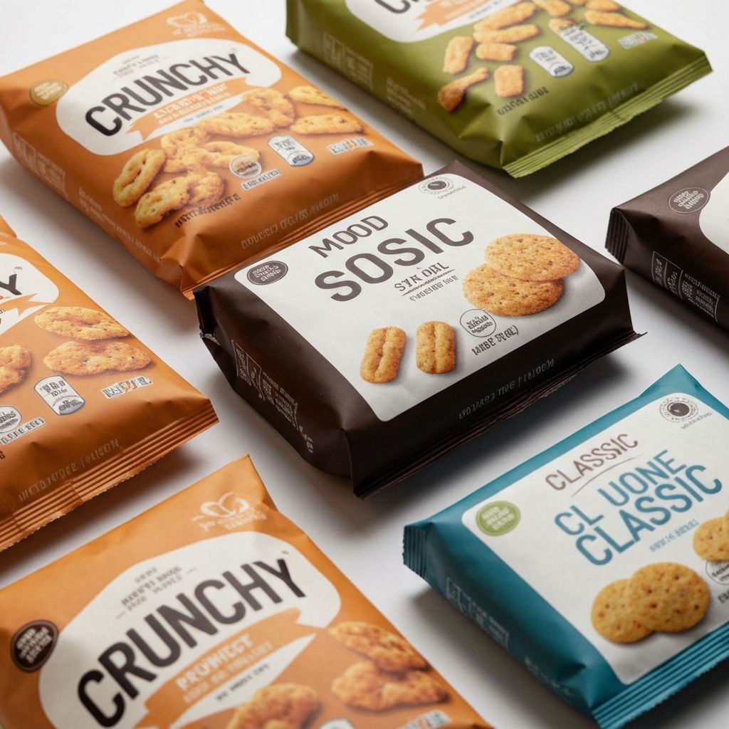 Verschiedene Snack-Verpackungen mit Stimmungswörtern