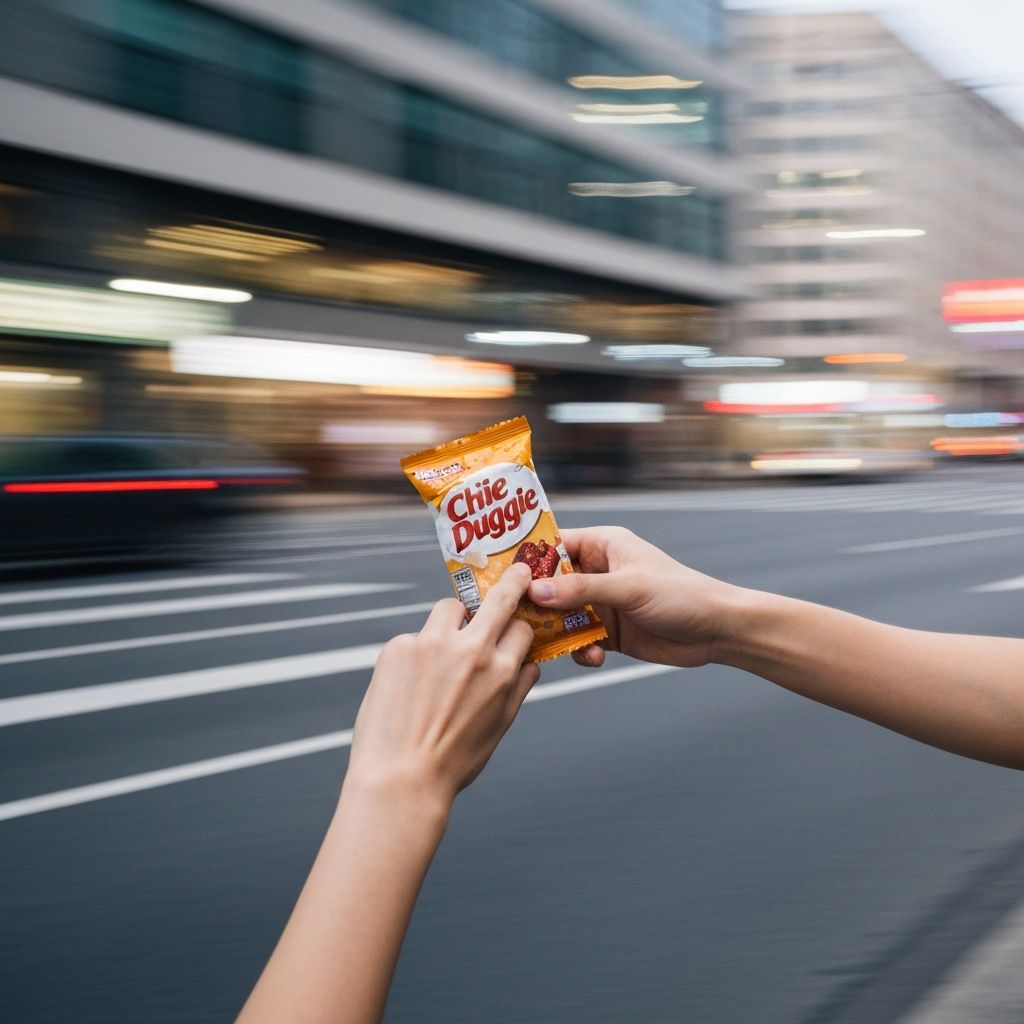 Hände halten Snack-Verpackung unterwegs